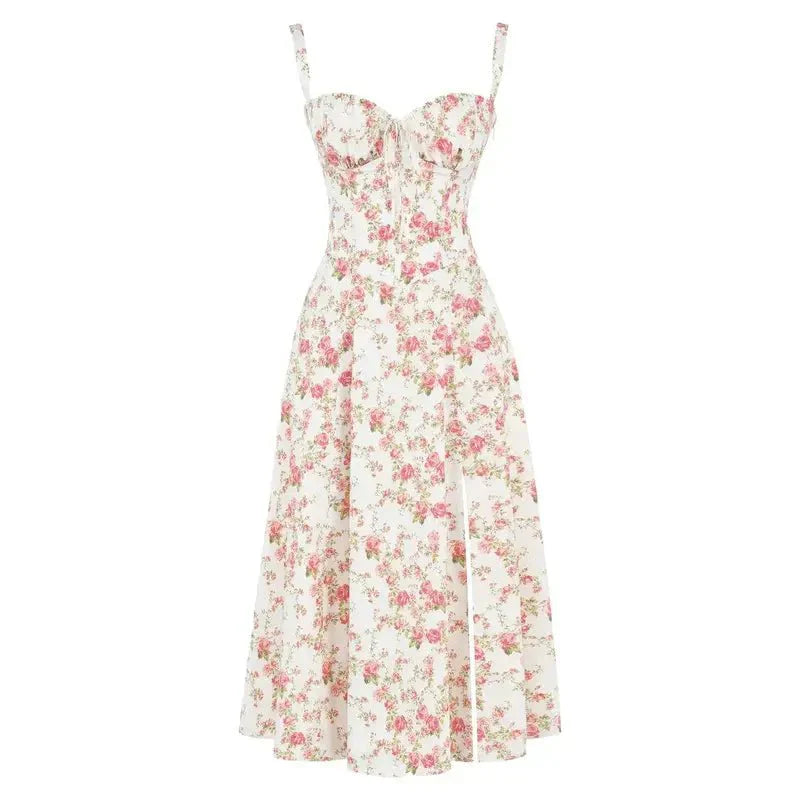 Corset Midi Dress – Tailored Waist and Flowing Skirt