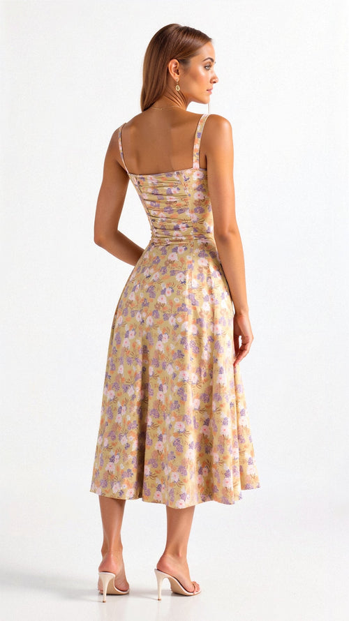 Corset Midi Dress – Tailored Waist and Flowing Skirt