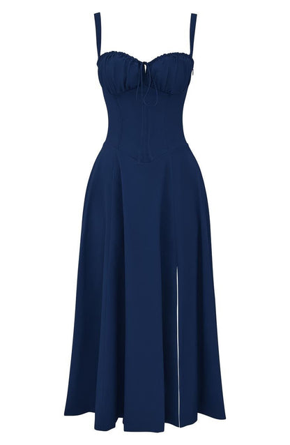 Corset Midi Dress – Tailored Waist and Flowing Skirt