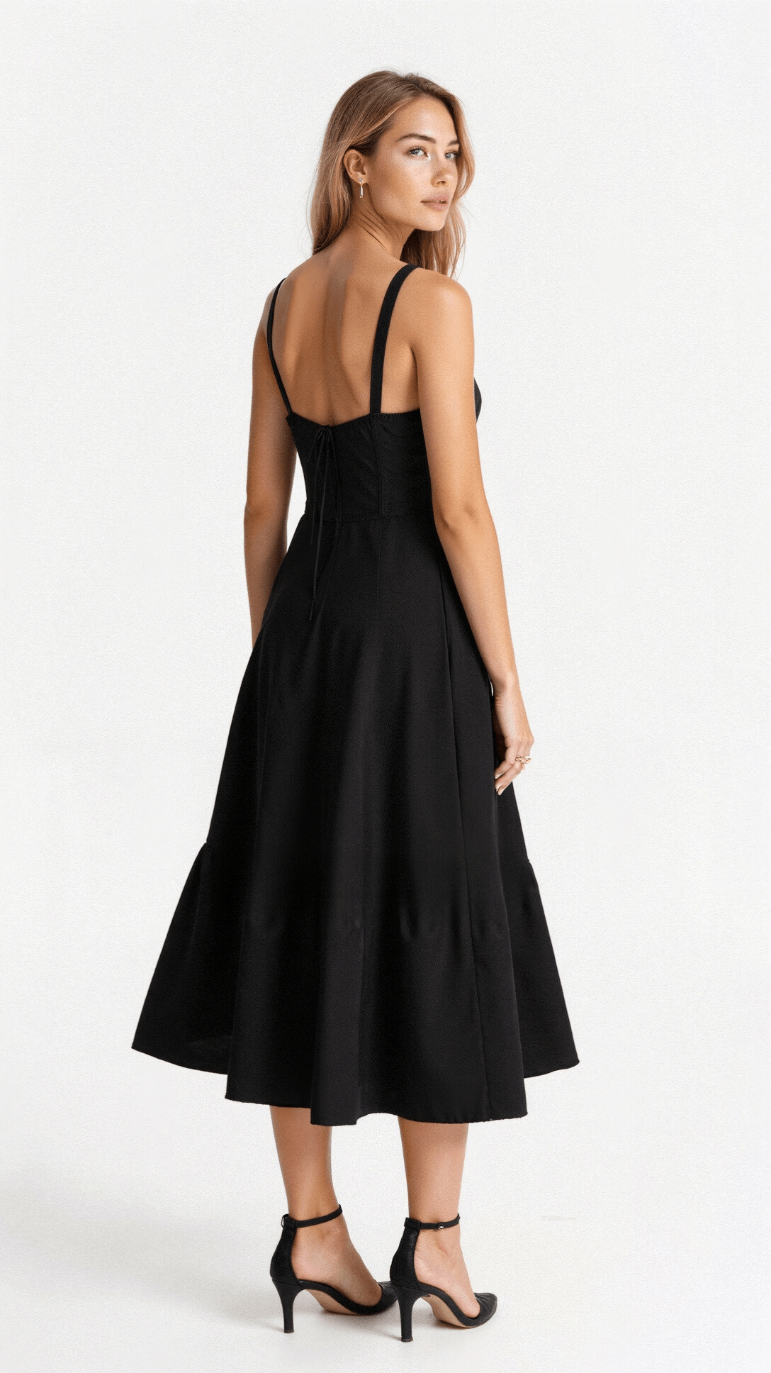 Corset Midi Dress – Tailored Waist and Flowing Skirt