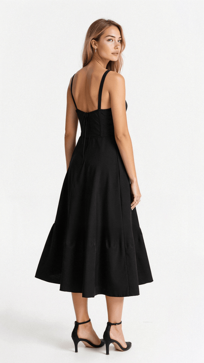 Corset Midi Dress – Tailored Waist and Flowing Skirt