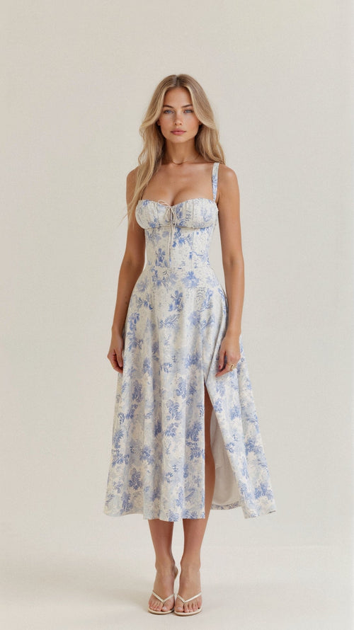 Corset Midi Dress – Tailored Waist and Flowing Skirt