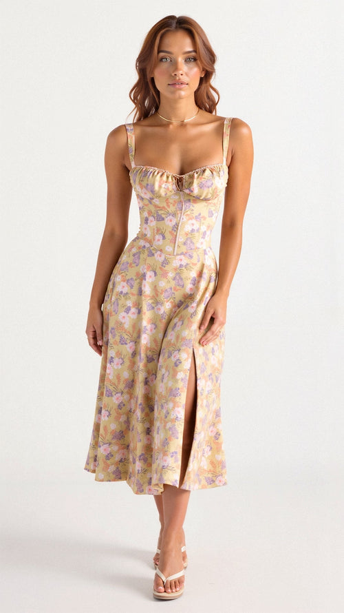 Corset Midi Dress – Tailored Waist and Flowing Skirt