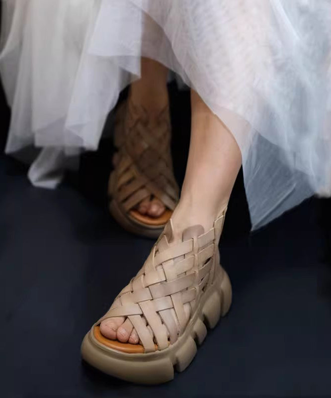 Cowhide Leather Splicing Green Hollow Out Sandals Peep Toe
