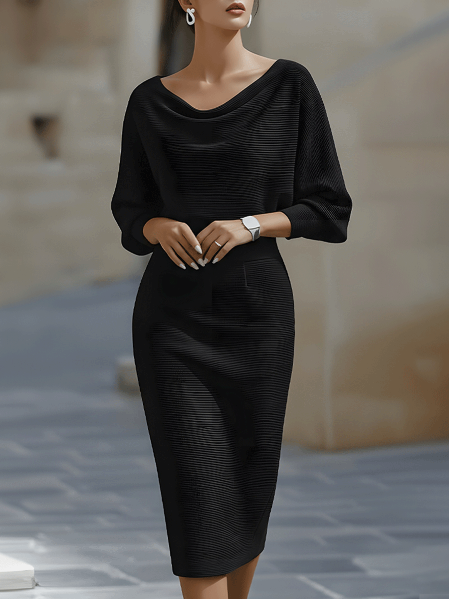 Draped Cowl-Neck Pencil Midi Dress