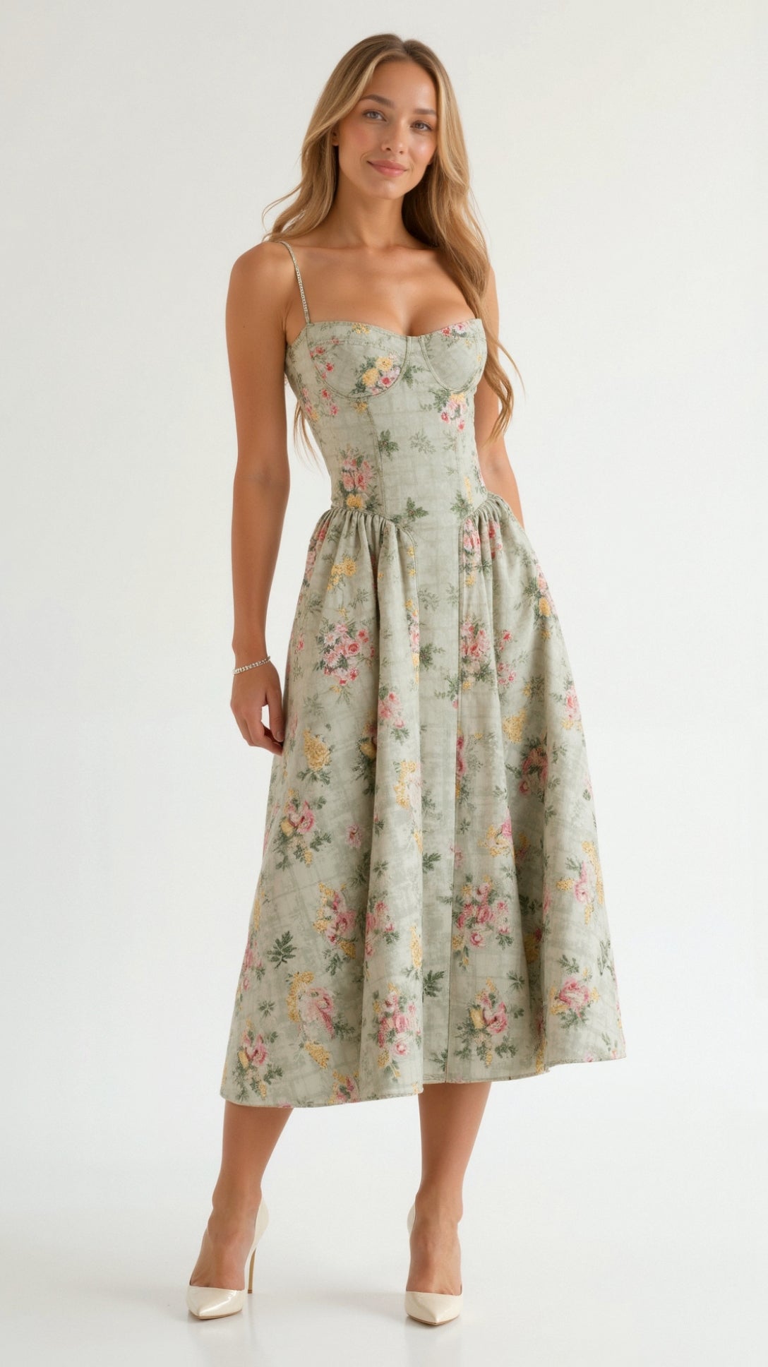 Corset-Style Midi Dress with Vintage Floral Print