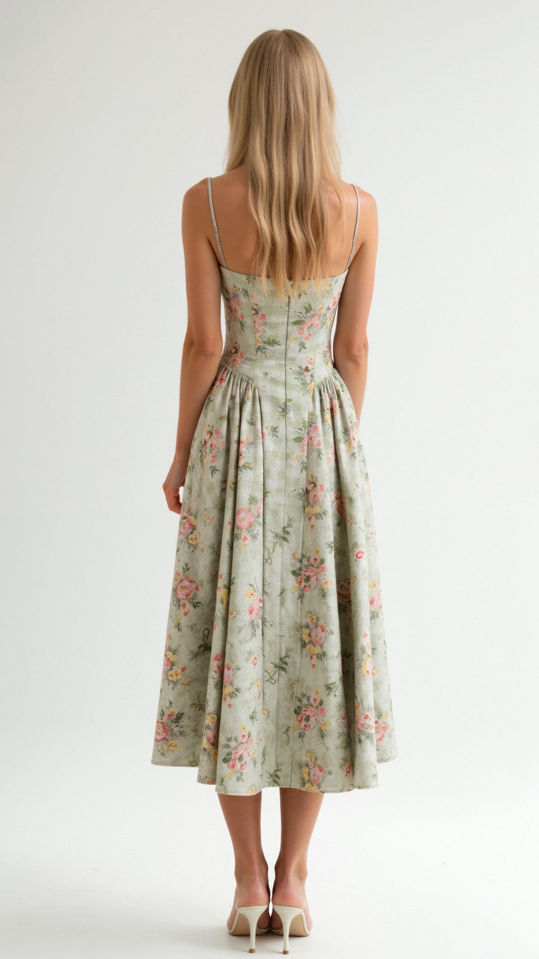 Corset-Style Midi Dress with Vintage Floral Print
