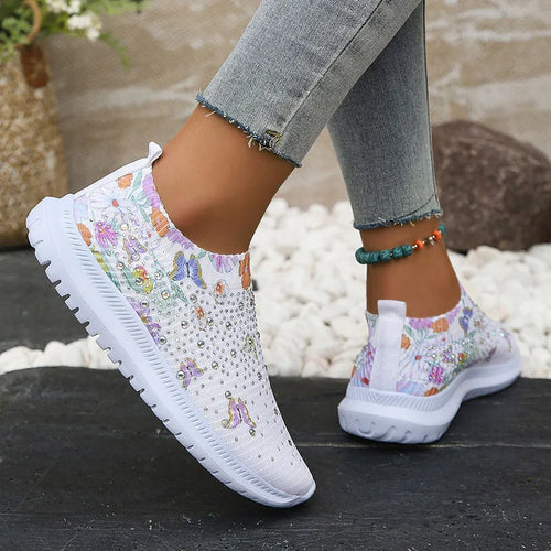 Women's Glitter Knit Platform Sneakers – Floral Pattern Breathable Shoes