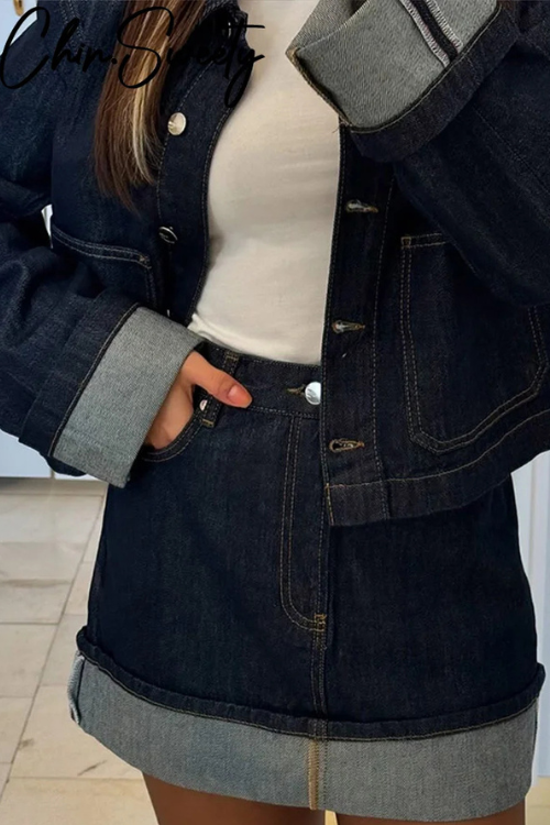Dames Denim Set Cropped Jacket High-Waist Mini Skirt 2