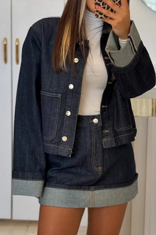 Dames Denim Set Cropped Jacket High-Waist Mini Skirt 3