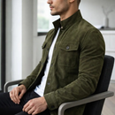 Men's Olive Green Suede Button-Up Jacket – Stylish Casual Outerwear
