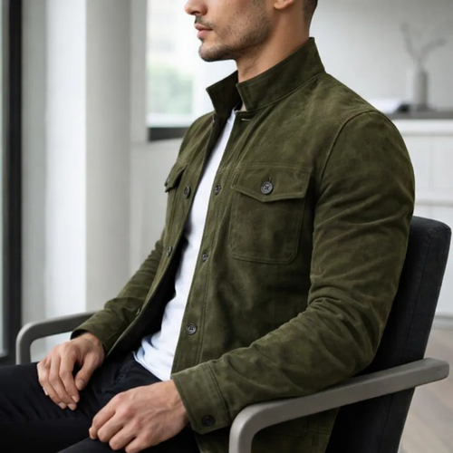 Men's Olive Green Suede Button-Up Jacket – Stylish Casual Outerwear