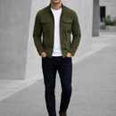 Men's Olive Green Suede Button-Up Jacket – Stylish Casual Outerwear