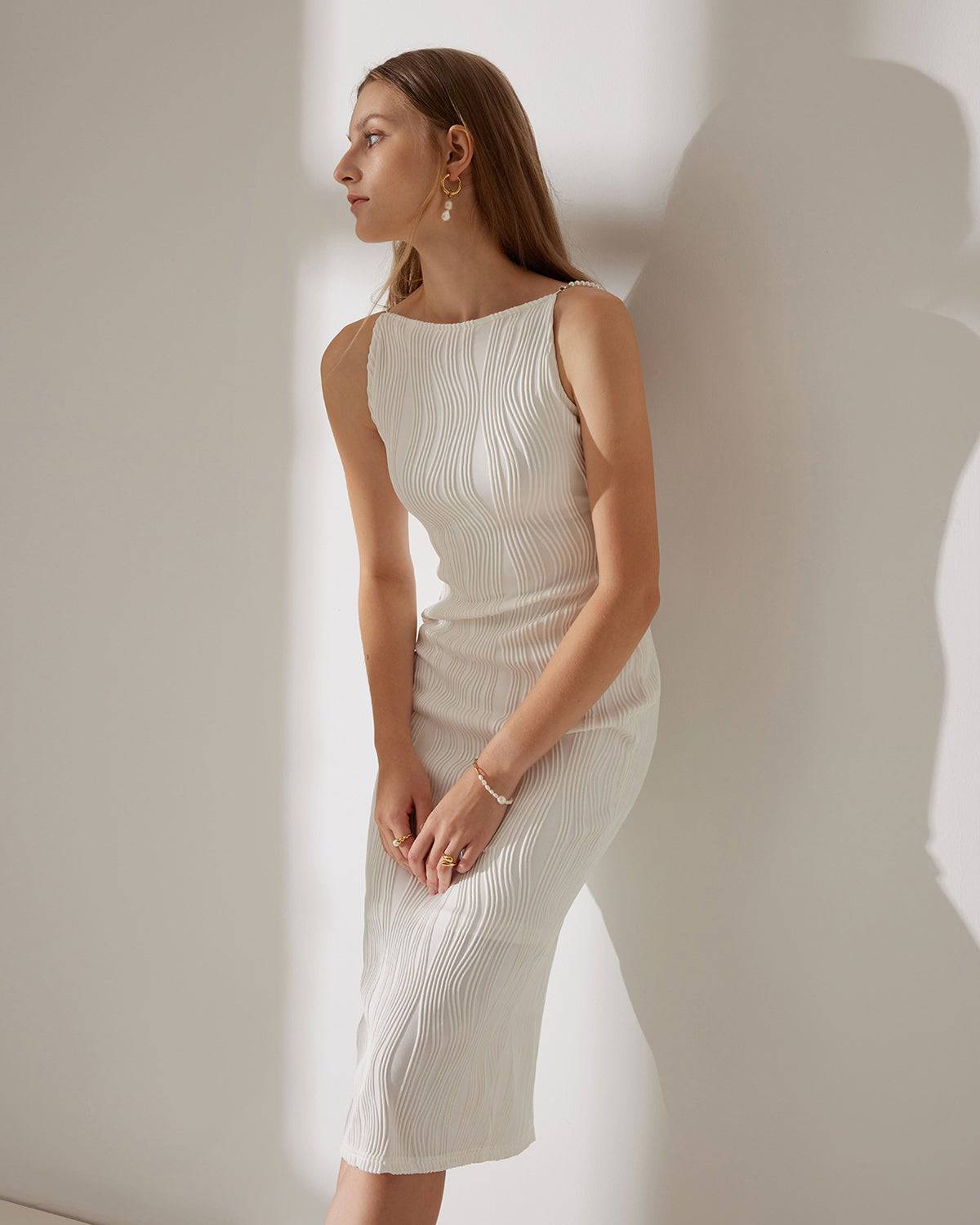 Women's White Ribbed Sleeveless Dress – Elegant Pearl Strap Midi