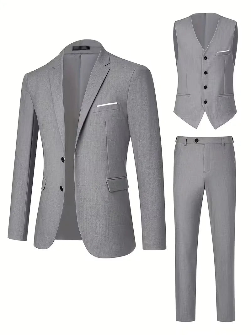 Men’s Slim Fit 3-Piece Suit – Glossy Finish Elegant Formal Style