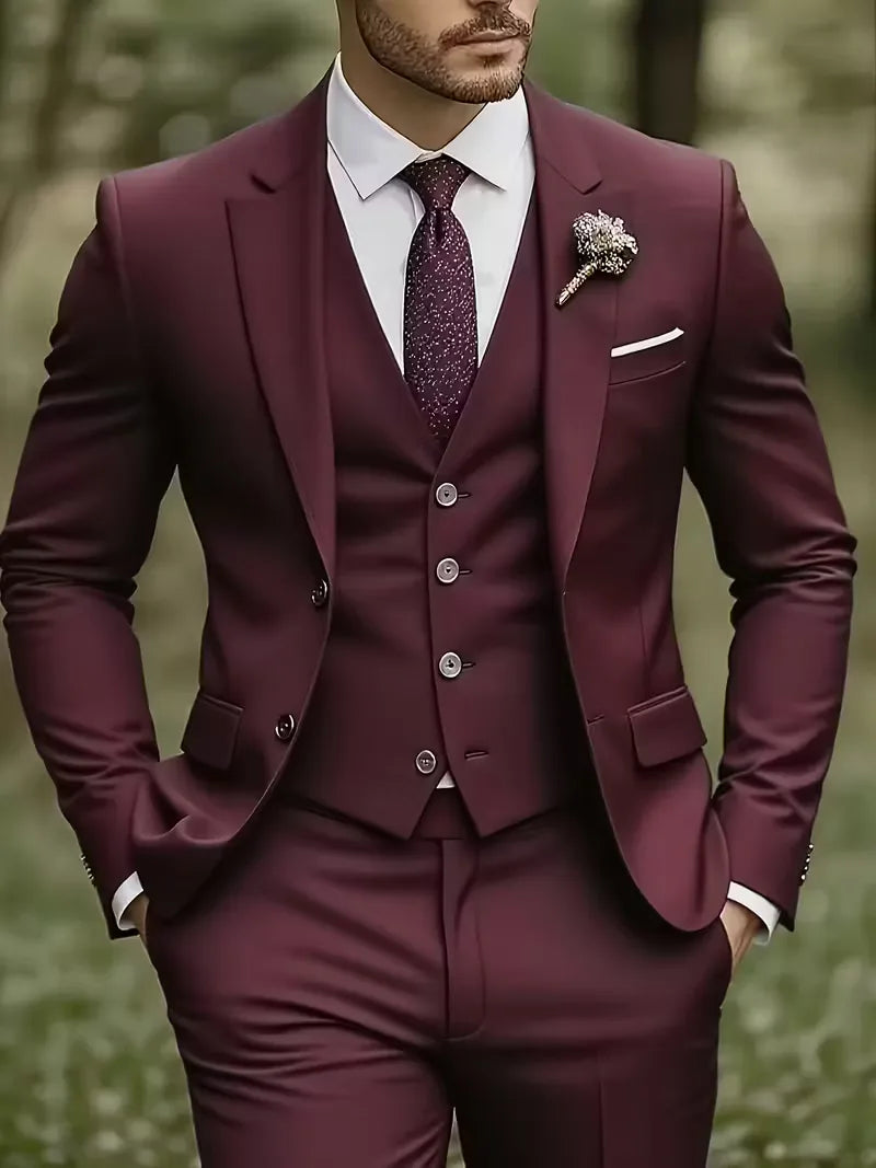 Men’s Slim Fit 3-Piece Suit – Glossy Finish Elegant Formal Style