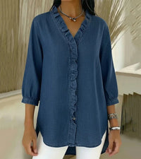 Women’s V-Neck Denim Blouse - Long Sleeve Ruffle Detail Top