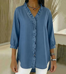 Women’s V-Neck Denim Blouse - Long Sleeve Ruffle Detail Top