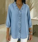 Women’s V-Neck Denim Blouse - Long Sleeve Ruffle Detail Top