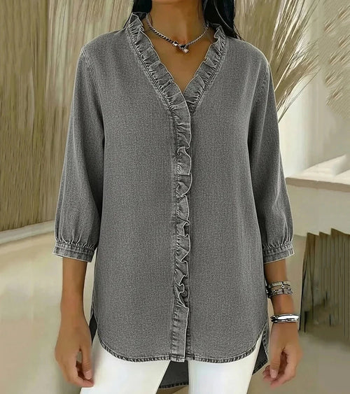 Women’s V-Neck Denim Blouse - Long Sleeve Ruffle Detail Top