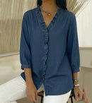 Women’s V-Neck Denim Blouse - Long Sleeve Ruffle Detail Top