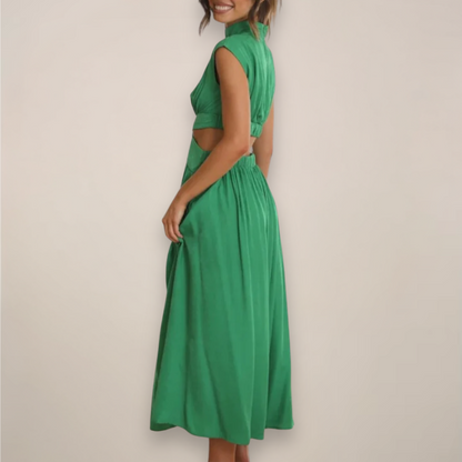 Elegant Maxi Dress with Cap Sleeves and Cut-Out Waist