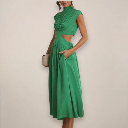 Elegant Maxi Dress with Cap Sleeves and Cut-Out Waist