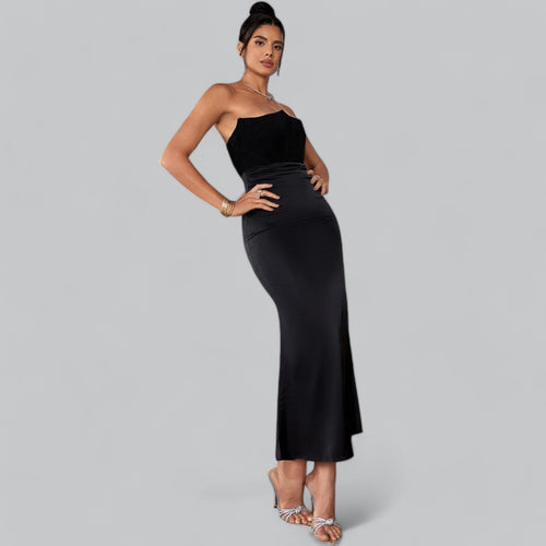 Elegant Strapless Corset Velvet Sheath Maxi Dress
