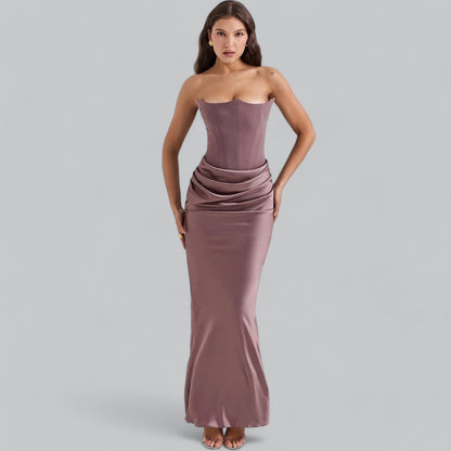 Elegant Strapless Corset Velvet Sheath Maxi Dress