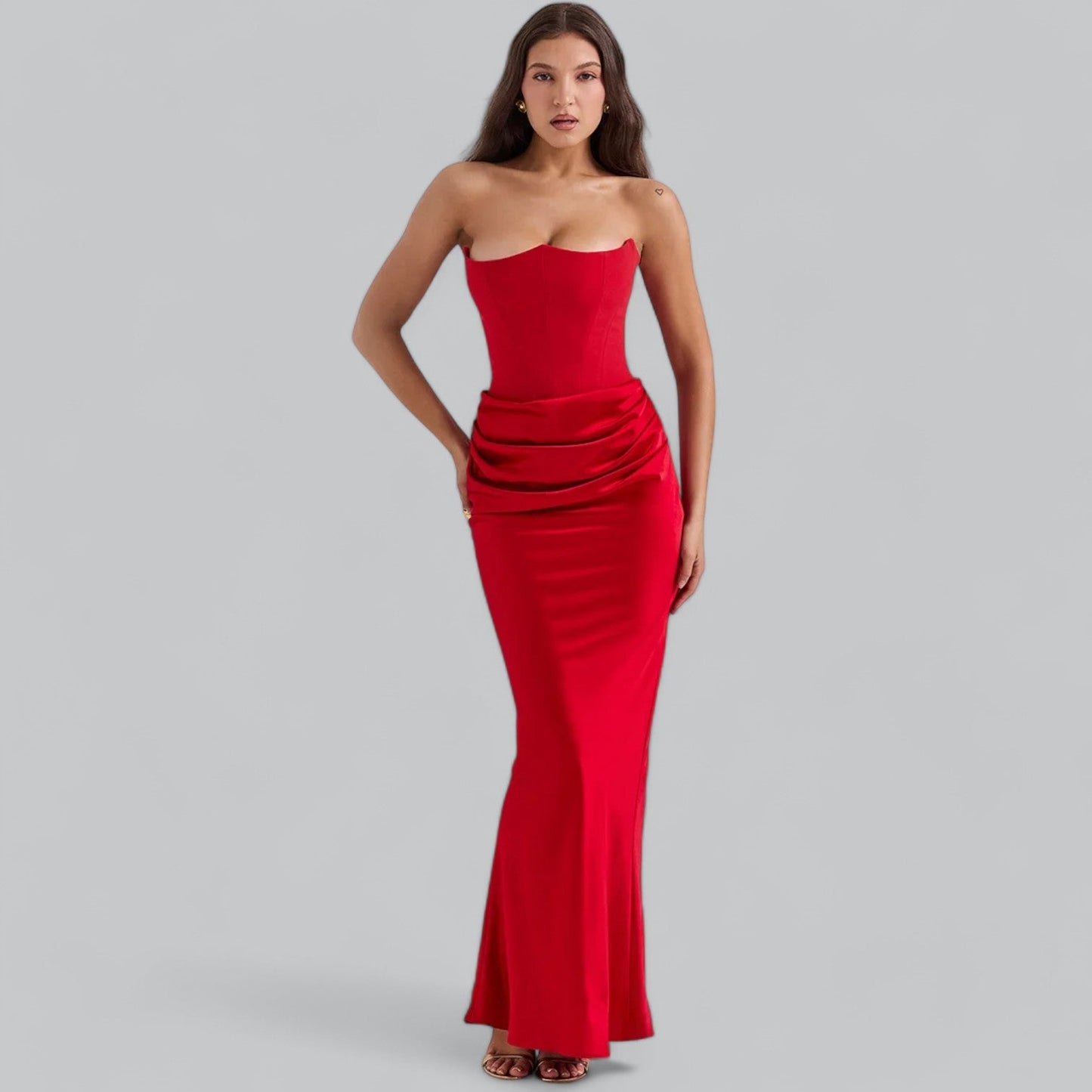 Elegant Strapless Corset Velvet Sheath Maxi Dress