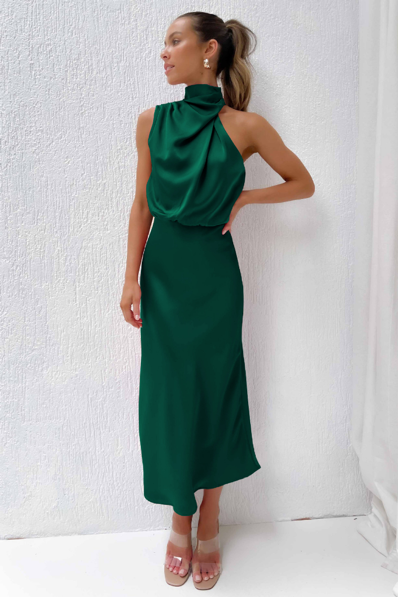 Elegant Midi Dress with Asymmetrical Neckline – Perfect for Special Occasions