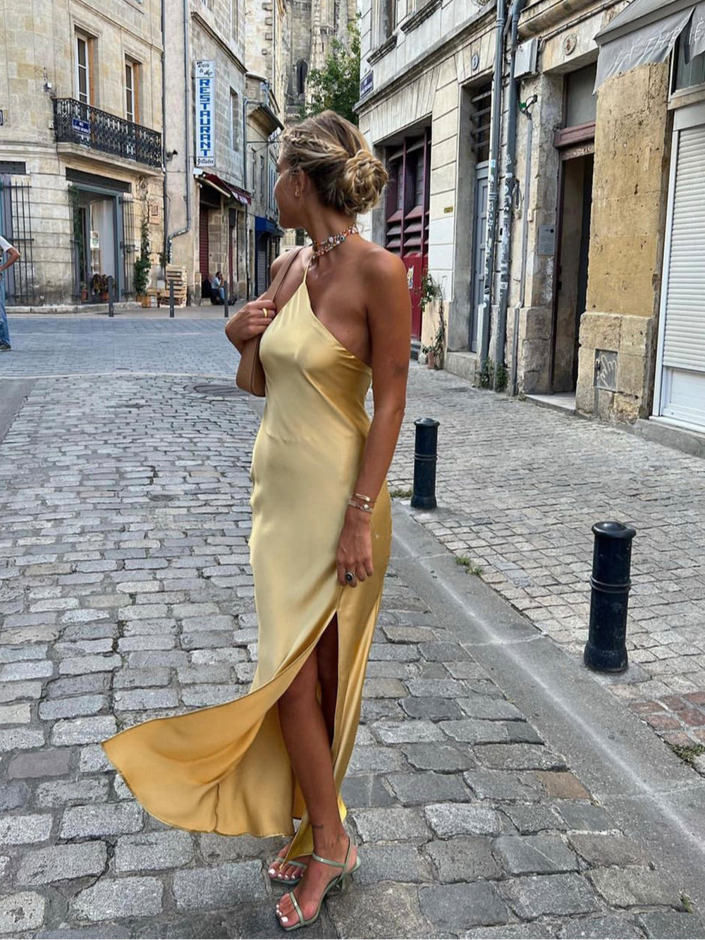 Elegant Open Back Satin Maxi Dress with Side Split – Long Sleeve Formal Dress for Women