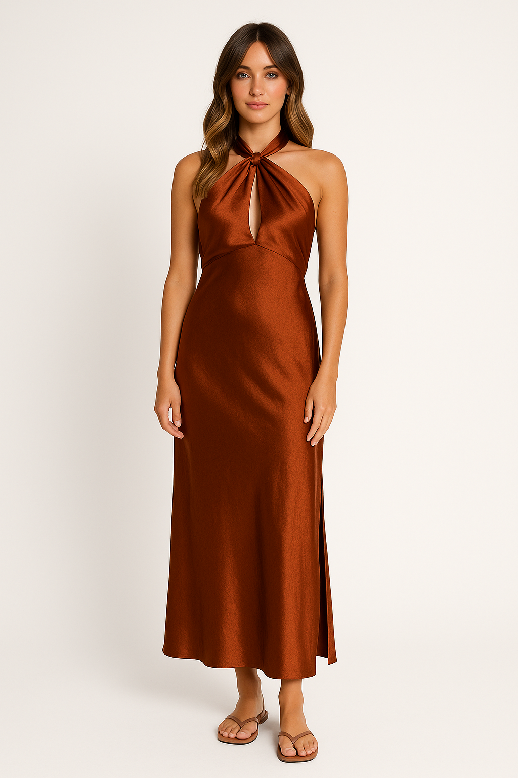 Elegant Satin Maxi Halter Dress with Front Split – Perfect for Weddings and Formal Events 3