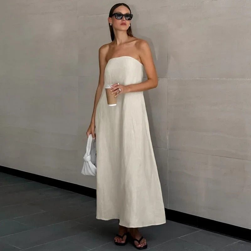Elegant Strapless Maxi Dress for Women in Lightweight Linen – Flattering Summer Long Dress for Casual and Formal Occasions