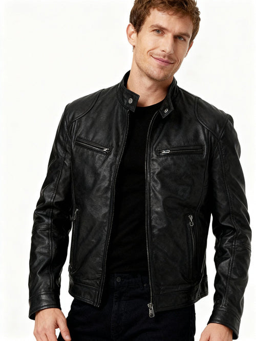 Mens Black Leather Biker Jacket Premium Moto Style – Slim Fit Coat
