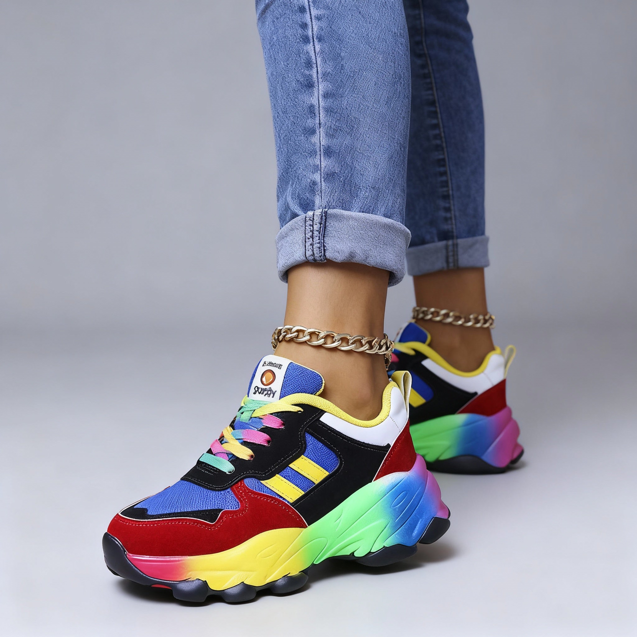 Women's Orthopedic Rainbow Lace-Up Sneakers – Colorful Comfort Chunky Trainers