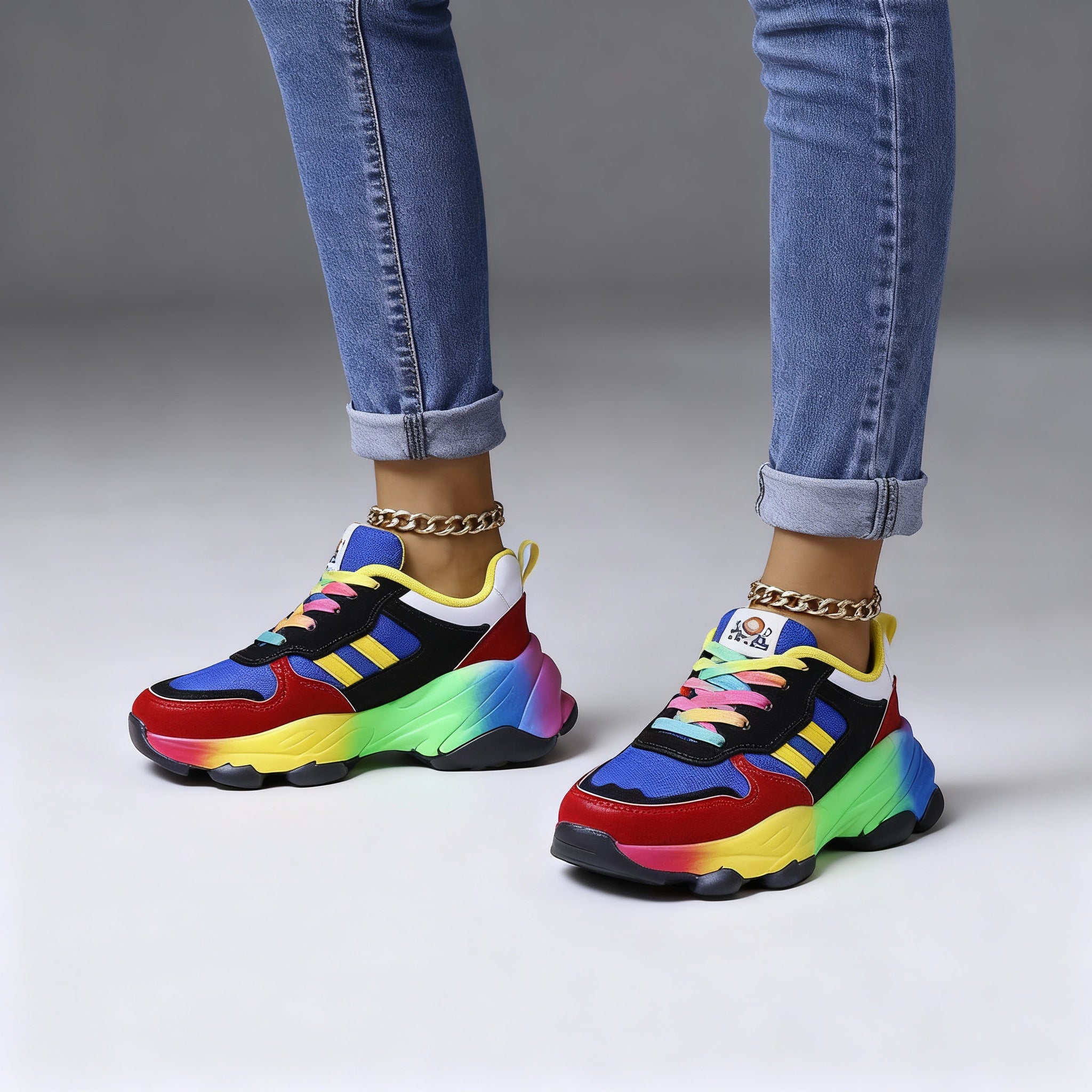 Women's Orthopedic Rainbow Lace-Up Sneakers – Colorful Comfort Chunky Trainers