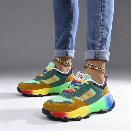 Women's Orthopedic Rainbow Lace-Up Sneakers – Colorful Comfort Chunky Trainers