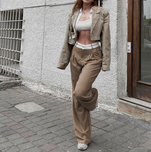 Women's High-Waist Straight Wide-Leg Trousers – Elegant Black Tailored Pants