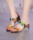 Fashion Multi Color Splicing Chunky Heel Peep Toe Slide Sandals