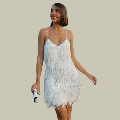 Feather-Trim Mini Dress – Statement Evening Silhouette