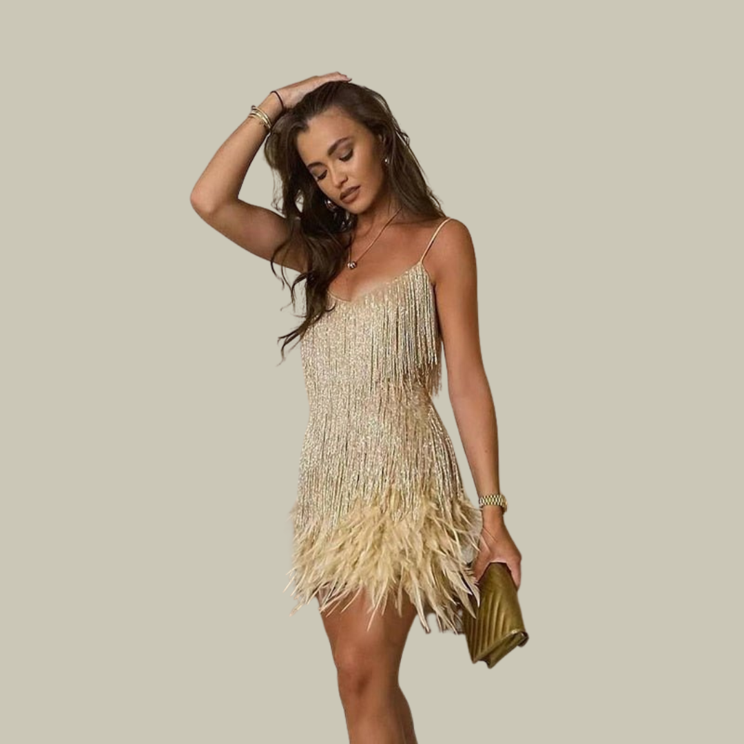 Feather-Trim Mini Dress – Statement Evening Silhouette
