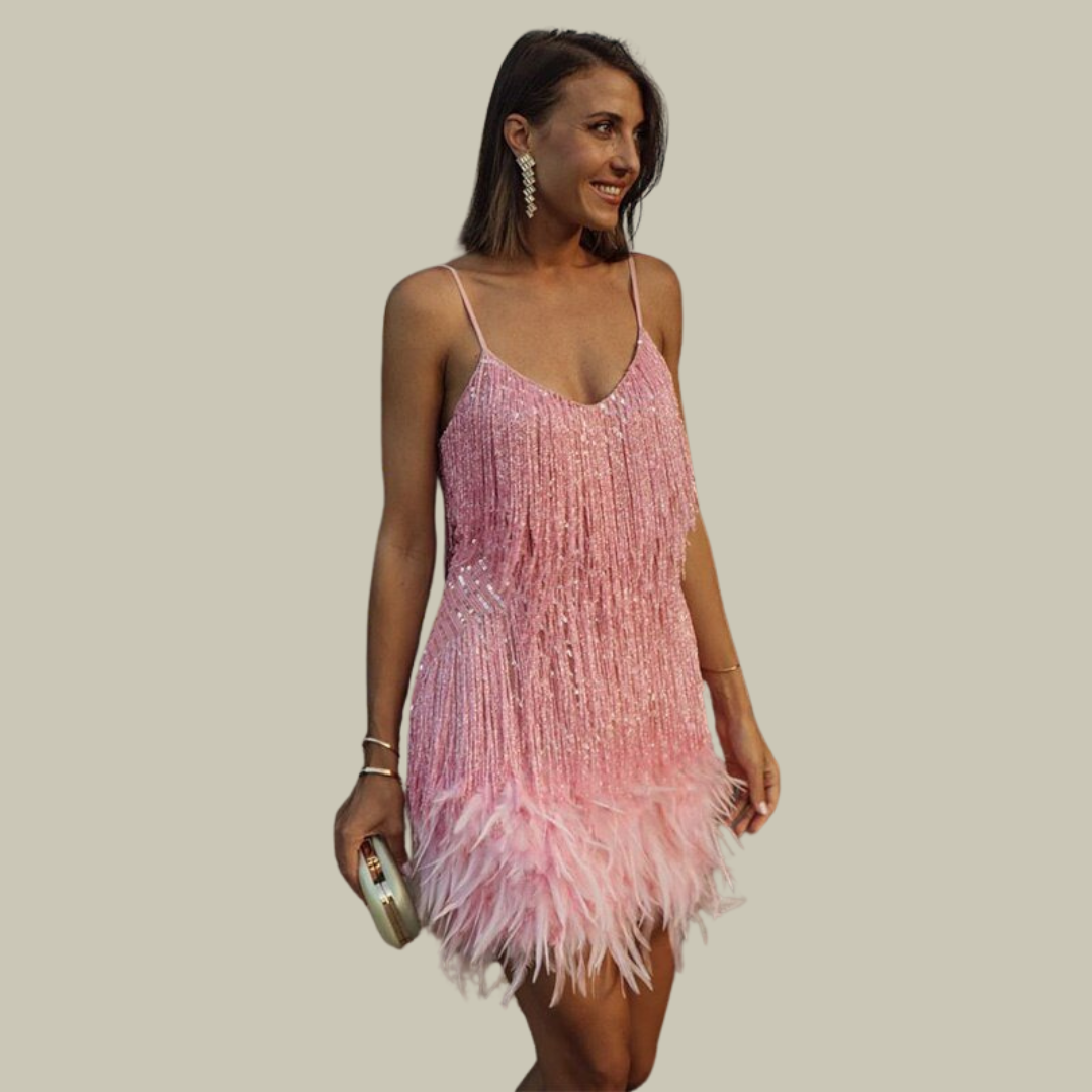 Feather-Trim Mini Dress – Statement Evening Silhouette