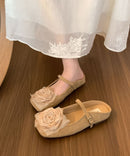 French Comfy Floral Splicing Brown Suede Slide Sandals
