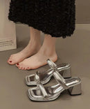 French Silver Chunky Heel Slide Sandals Peep Toe
