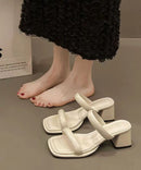French Silver Chunky Heel Slide Sandals Peep Toe