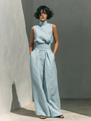 Women’s Linen Two Piece Set - Turtleneck Top Wide Leg Pants