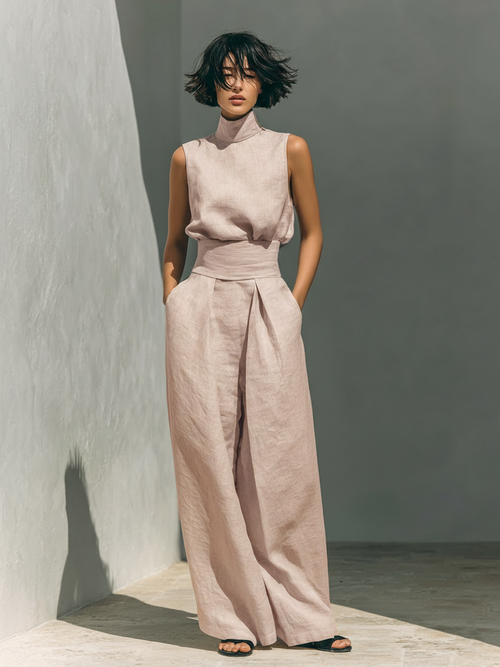 Women’s Linen Two Piece Set - Turtleneck Top Wide Leg Pants