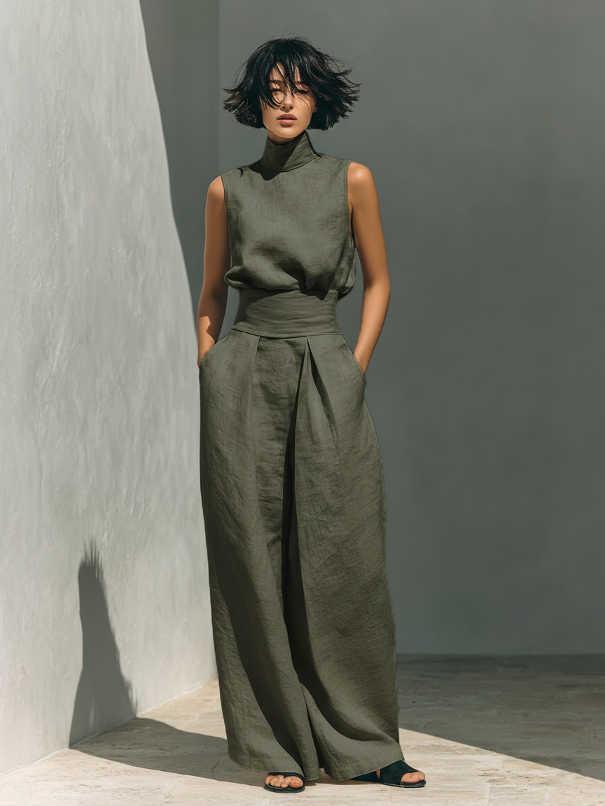 Women’s Linen Two Piece Set - Turtleneck Top Wide Leg Pants