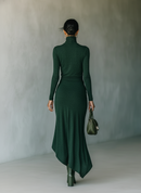 Women's Dark Green High-elastic Knitted High-neck Wrap Dress Midi Dress